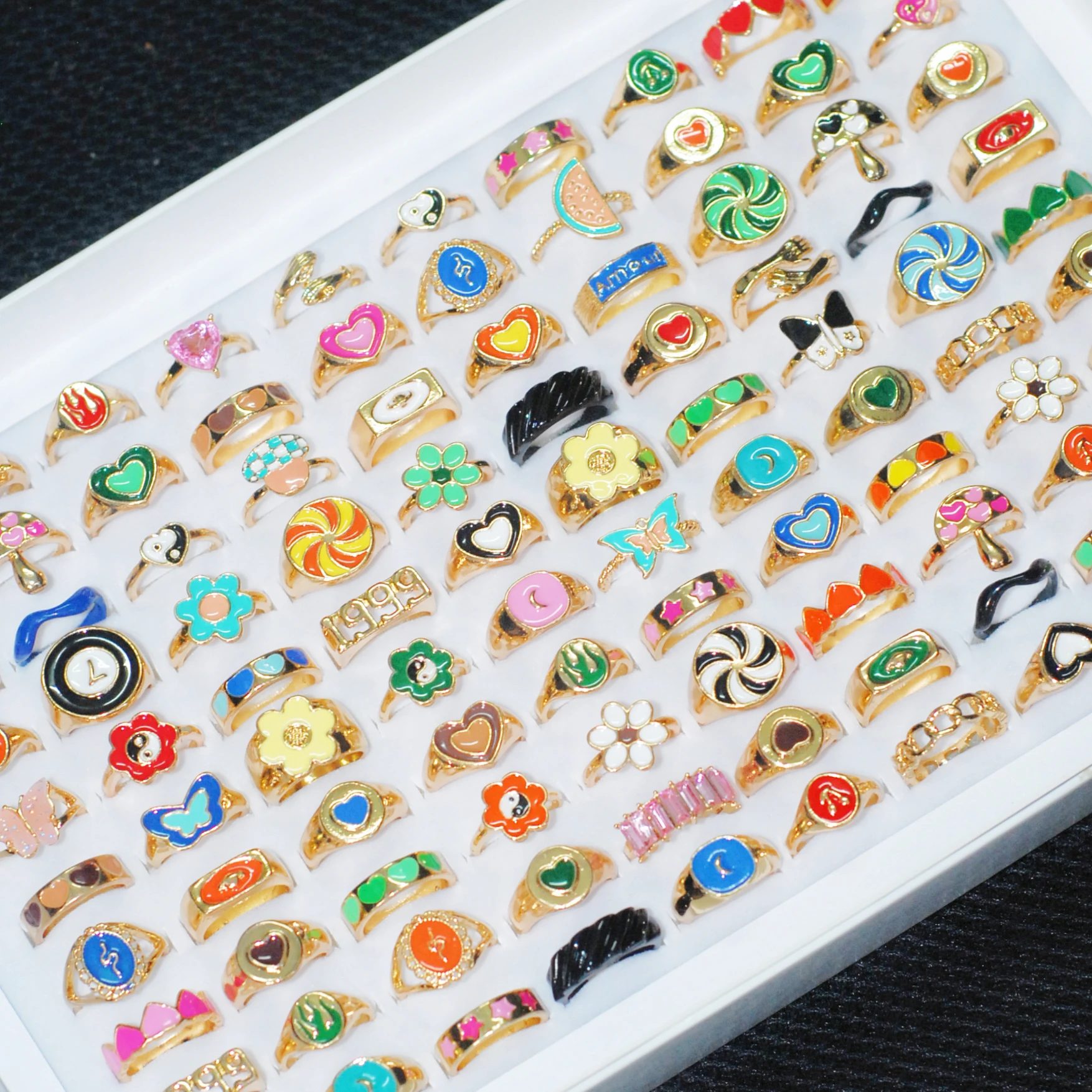 

10/20pcs Colorful Drop Oil Cute Sweet Women Vintage Rings For Girl Fashion Gold Plated Ins Hot Jewelry Flower Wedding Party Gift