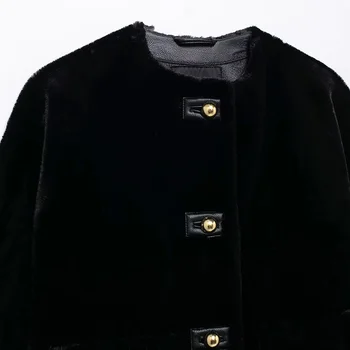 معطف فرو صناعي قصير من HXAO للنساء للخريف بأكمام طويلة سترة سوداء قطيفة ملابس خارجية معاطف نسائية شتوية دافئة فروي سترات 4