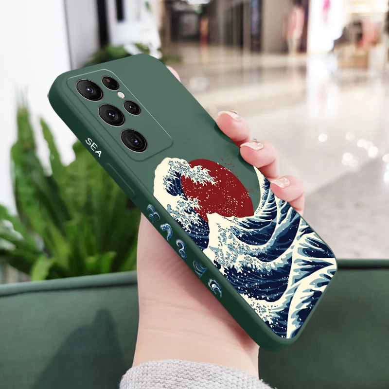 Red Sun Sea Waves Phone Case - Artistic Design Cover