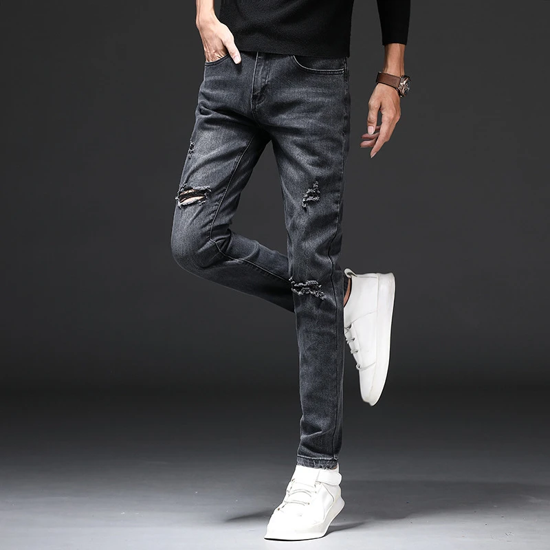 EH·MD® Summer Black Ripped Jeans Men's Simple High Elastic Small Feet Slim Fit Cotton Comfortable Breathable Scraped Metal New22