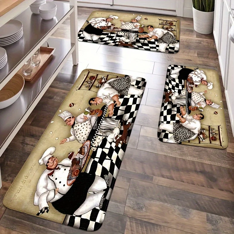 Antique Chef Print Kitchen Mat , Retro Style Polyester Non-Slip Machine ...