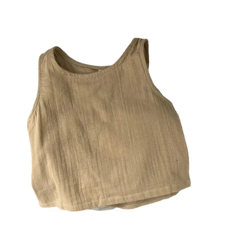 2025 Summer New Children Sleeveless T Shirts Baby Boys Girls Vintage Casual Vest Toddler Solid Cotton Linen Tops Kids Clothes 6