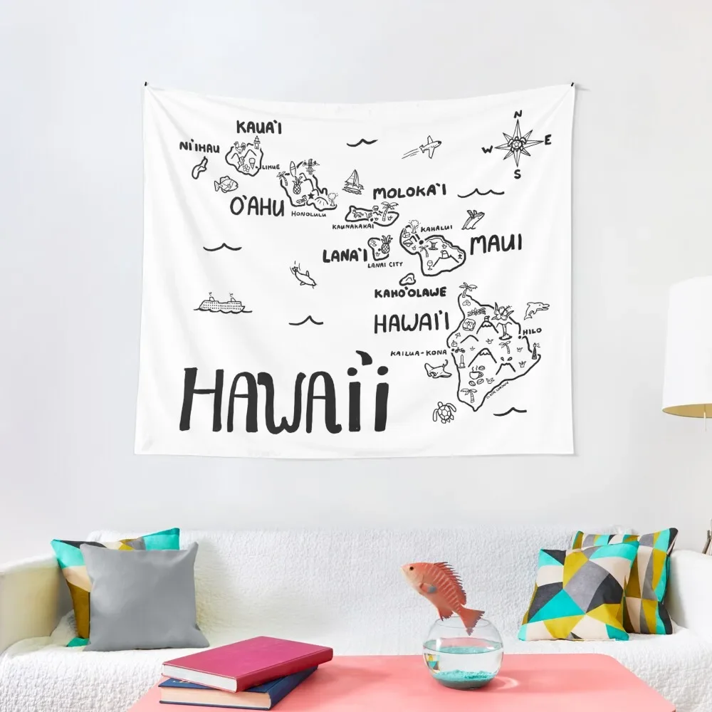 

Hawaii Illustrated Map Black and White Tapestry Cute Room Decor Aesthetic Room Decorations Tapestry