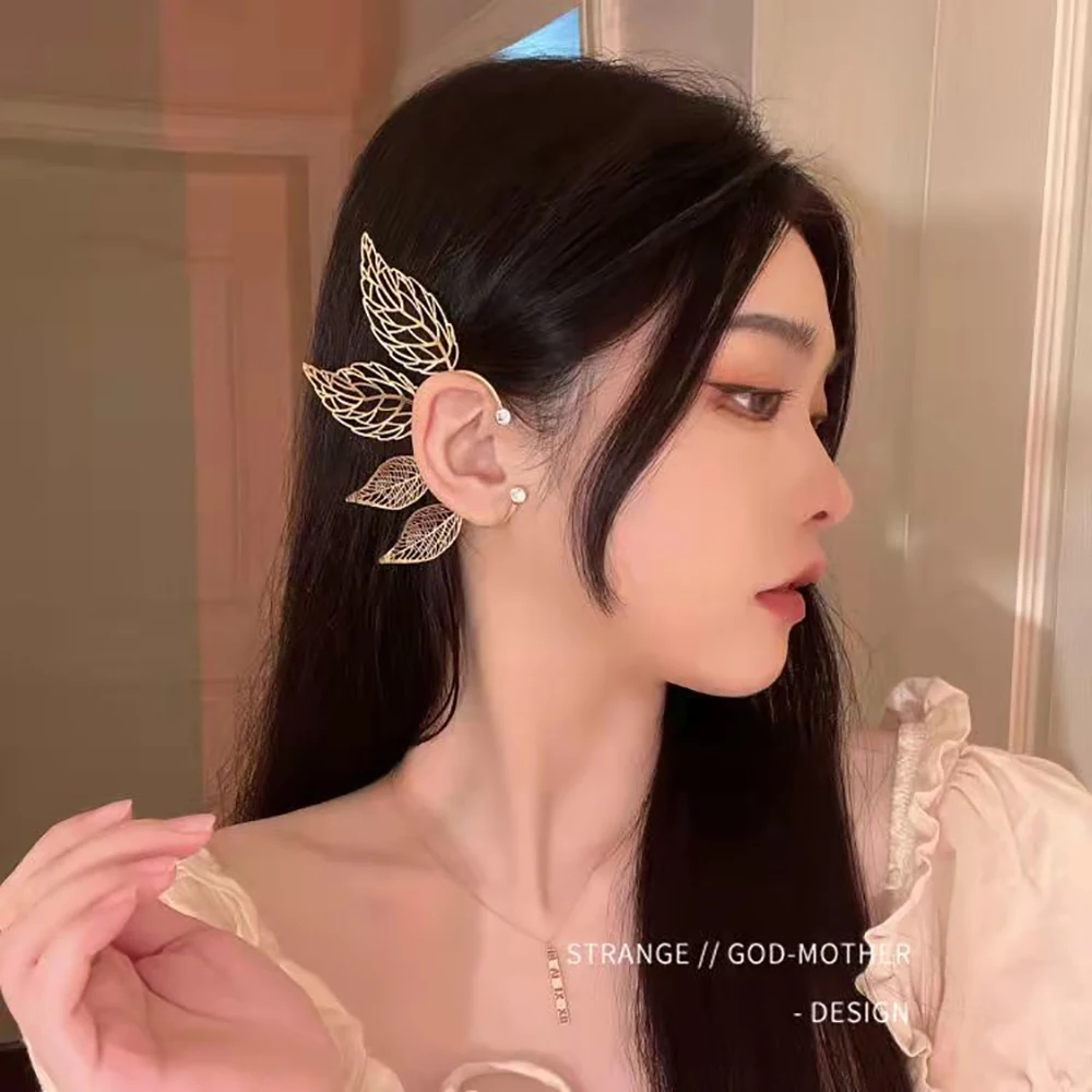 1 Pc Chic Elf Ear Cuff Maple Leaf Hollowed Zircon Leaf Cosplay Fairy Earring Clips for Women Girls Wedding Ear Cuff Jewelry 