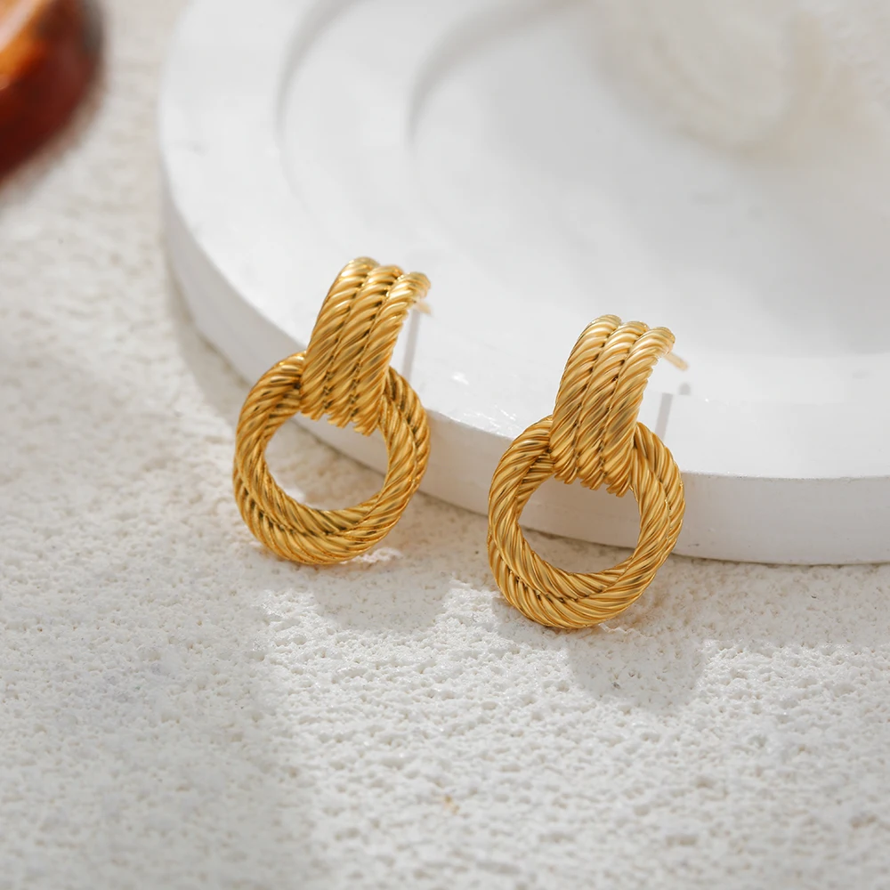 Twisted Three Layers Rope Dangling Knot Stud Earrings Double Hoop Statement Earring Minimalist Retro Jewelry Sister Gift Серьги