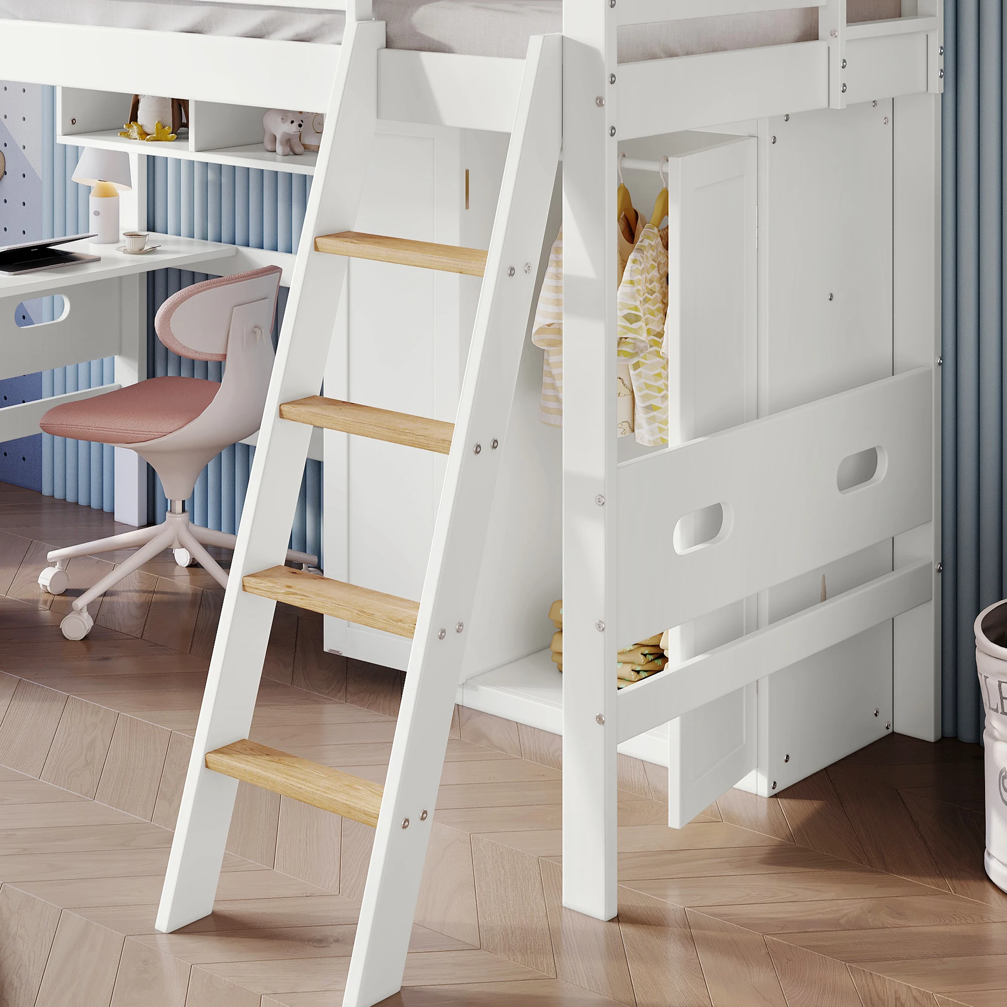 90 x 200 cm großes Etagenbett mit Tisch und Kleiderschrank, offenem Regal, viel Stauraum mit Fallschirmgitter und vierstufiger Leiter, ohne Matratze – Detail 2