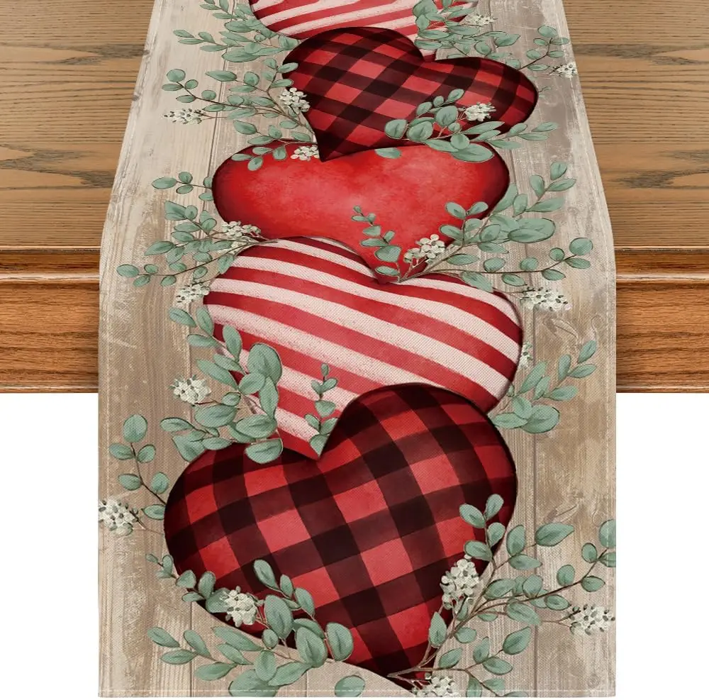 

Valentine's Day Hearts Eucalyptus Wood Linen Table Runners Party Table Decor Anniversary Dining Table Runner Wedding Decorations