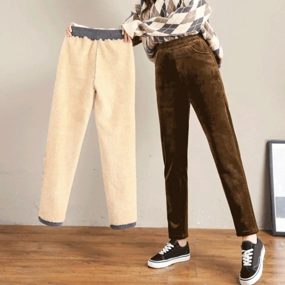 

Women Autumn Winter Corduroy Harem Pants Elastic Waist Pockets Solid Color Long Trousers Thickened Fleece Lining Casual Pants