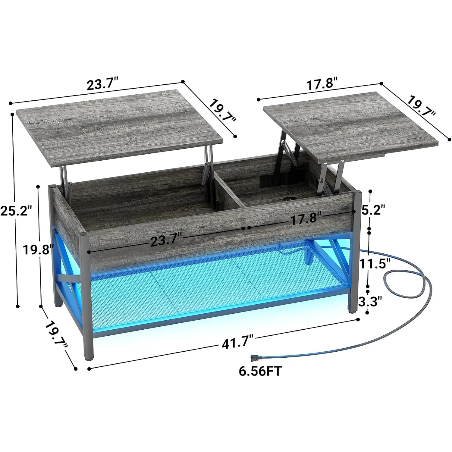 Coffee Table, Lift Top Coffee Table with LED light and Power Outlet, Modern Lift-Top Table with Storage Shelf, Metal Frame 2