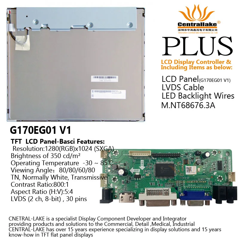 

Hot Sale for 17″LCD Industrial Display Screen Includes Controller Board :NT68676.3 plus 17 inch G170EG01 V1