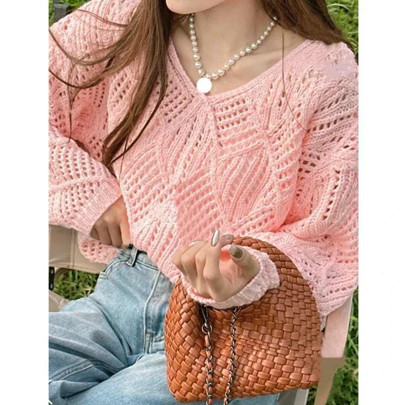 New Elegant Hollow Knitted Long Sleeve Sweater Women's Hoodie Loose Round Neck Office Spring and Autumn Top