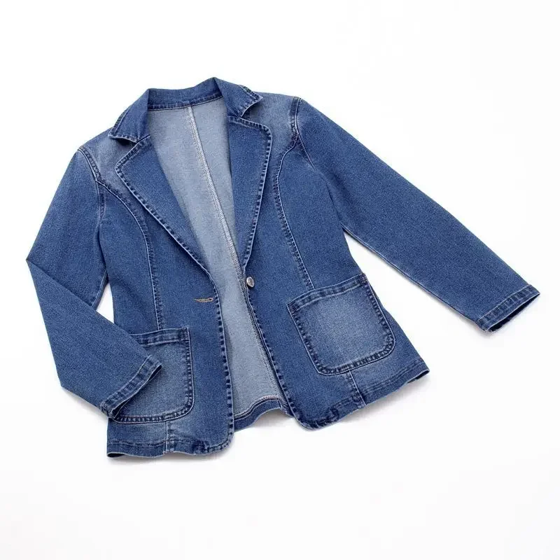 Dames Spijkerpak Jack Nieuwe Lente Herfst Koreaanse Pocket Jeans Outwear Vrouwelijke Slanke Één Knoop Lange Mouw Denim Blazers Jassen