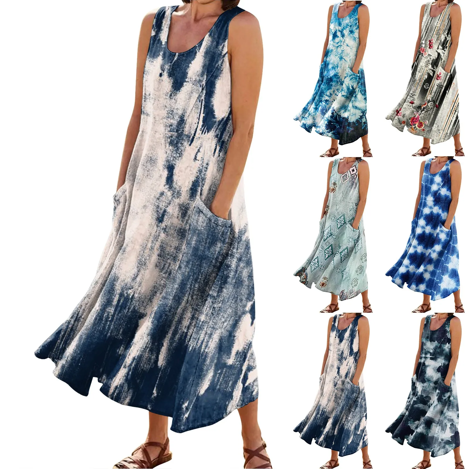 

2024 Women'S Trendy Versatile Dresses Women'S Fashion Casual Solid Colour Sleeveless Cotton Linen Pocket Dresses Vestidos