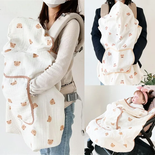 Muslin Baby Stroller Blanket Newborn Swaddle Wrap Cartoon Hooded Sling Cover Anti-mosquito Sun Protection Infant Sleeping Quilt 2