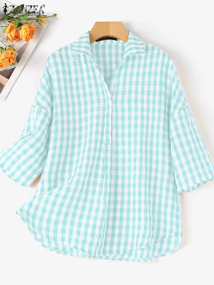 

ZANZEA Women Elegant Shirt Summer Lapel Neck 3/4 Sleeve Blusas Casual Loose Holiday Tops Tunic Oversize Plaid Checked Blouse