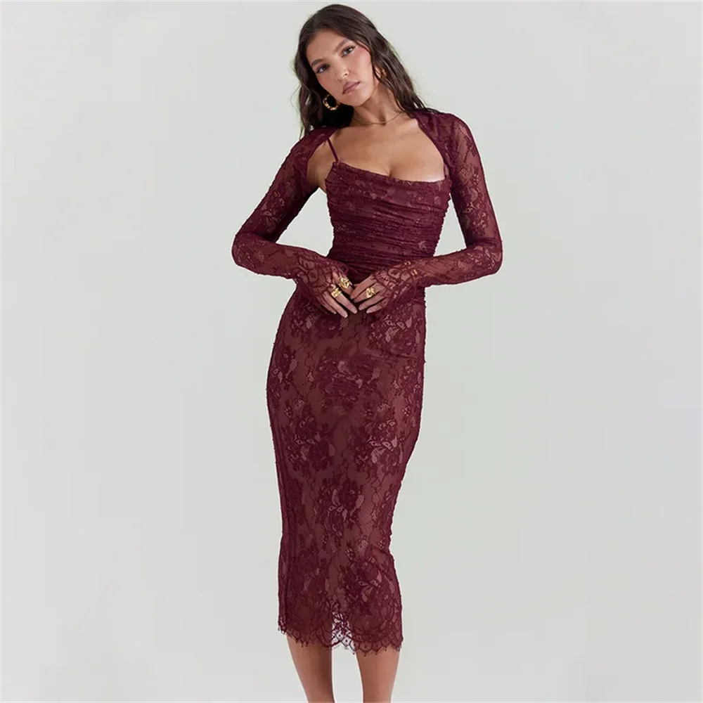 2024 Elegante Primavera Nuovo Sexy O-Collo Manica Lunga Club Party Dress Spaghetti Strap Rosso Slim Abiti Lunghi Per Le Donne