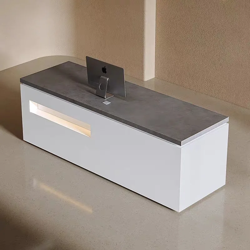 White Painted Counter Cash Desk Table Aesthetics Front Register Reception Store Customization With Light Bar Company Furniture