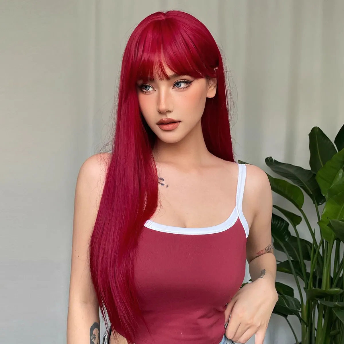 Light Wine Red Synthetic Wigs With Bangs for Women Long Straight Hair Wig Natural Cosplay Party Heat Resistant_voghion.com