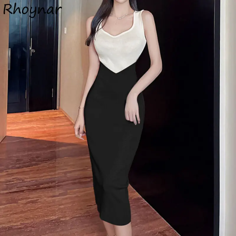

Elegant Sexy V-neck Sleeveless Dress Women Young Office Ladies Casual Simple Patchwork Knitting Summer Temperament Ins Mid-calf