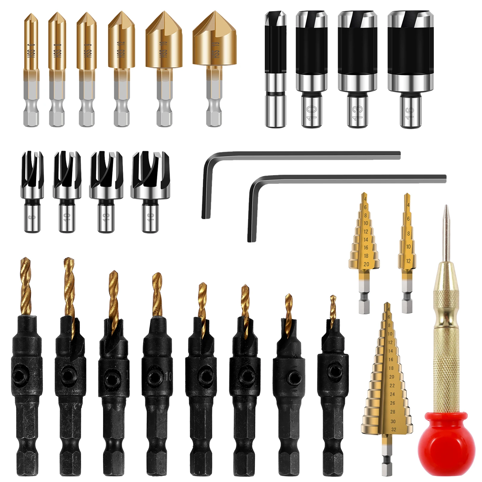 

28Pcs Woodworking Chamfer Drilling Tool Kit with 8pcs Wood Plug Cutter Drill Bit 3pcs Step Drill Bit 1pc Center Punch 6pcs 5