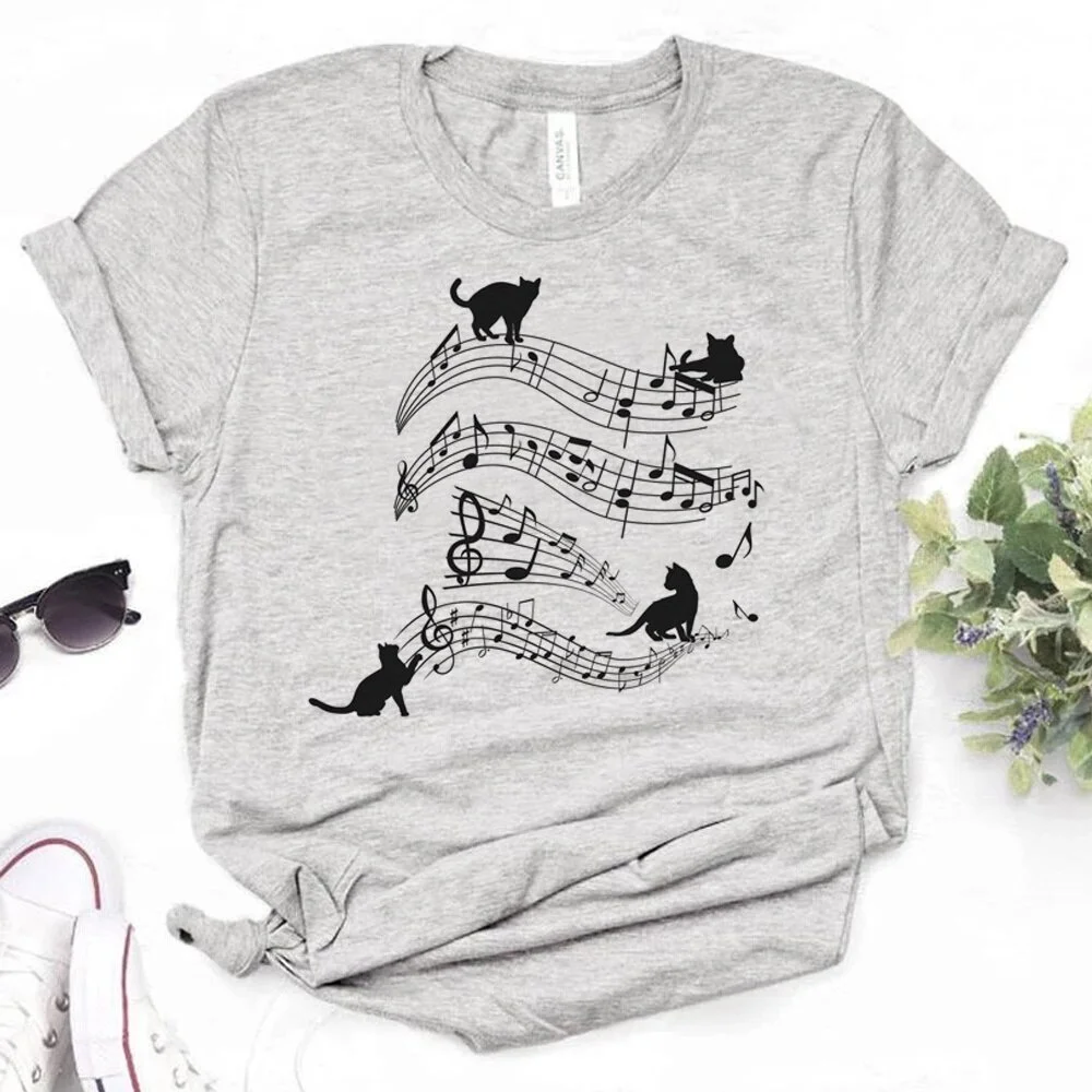 

Новинка, женская футболка с принтом кошки, топы с музыкальными нотами, Женская смешная футболка в стиле Харадзюку С мангой, женская одежда с забавным графическим принтом в стиле 1920-х