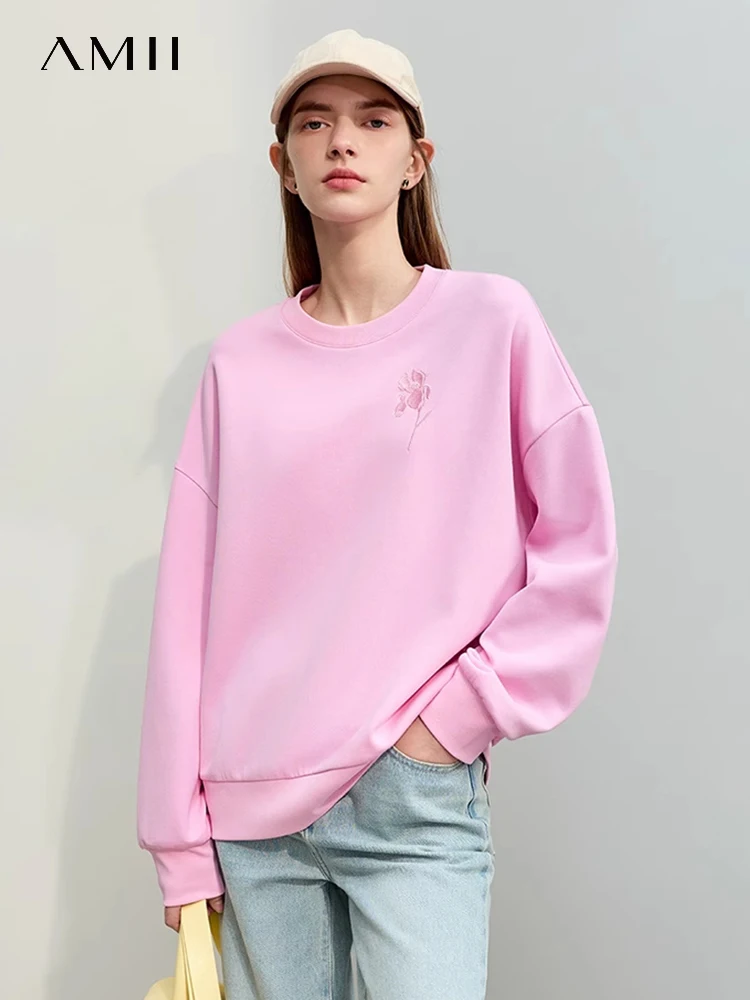 

AMII Minimalism 2024 Hoodies Women Spring New Preppy Style Crewneck Drop Sleeve Flower Embroidery Beading Stretch Tops 12441138