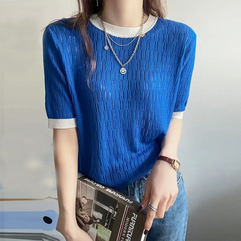 

Casual Solid Color Knitted Pullovers Stylish Hollow Out Women's Clothing Round Neck Patchwork 2024 Summer Short Sleeve T-shirt