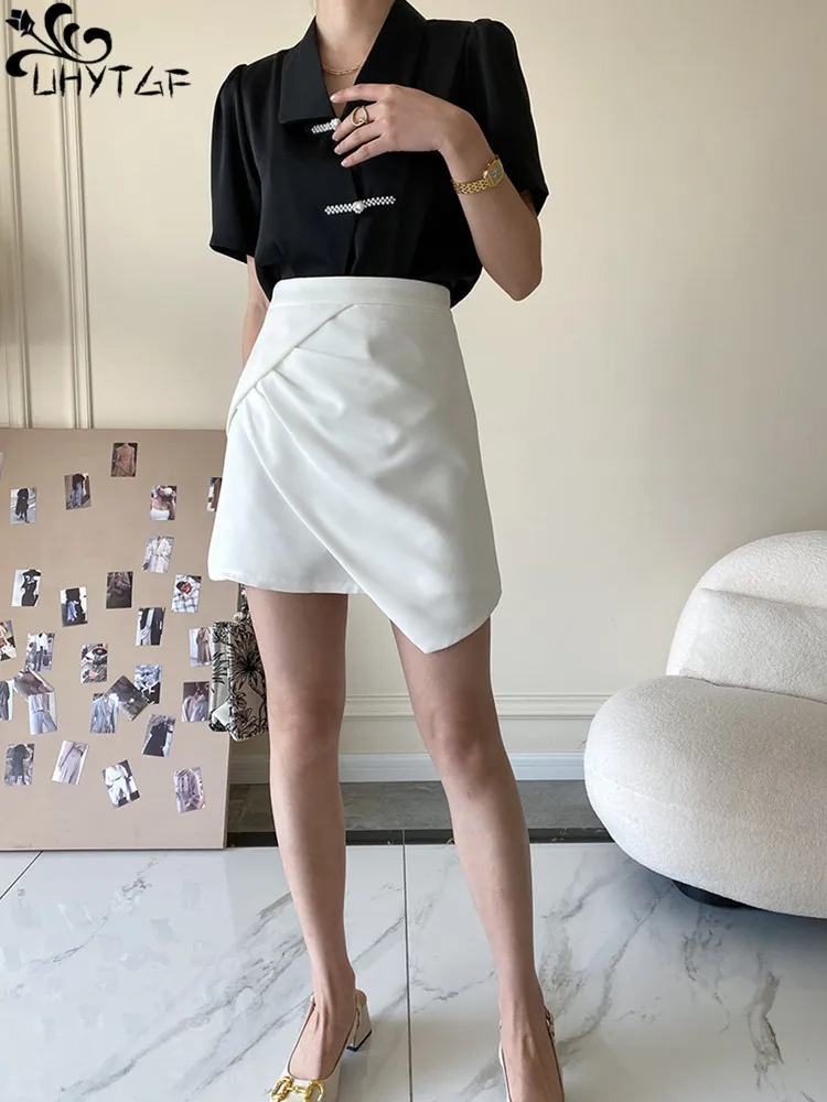 

UHYTGF Chiffon Short Skirt Women's Spring And Summer New High Waist A Word Irregular Pleated Package Hip Women's Short Skirt 169