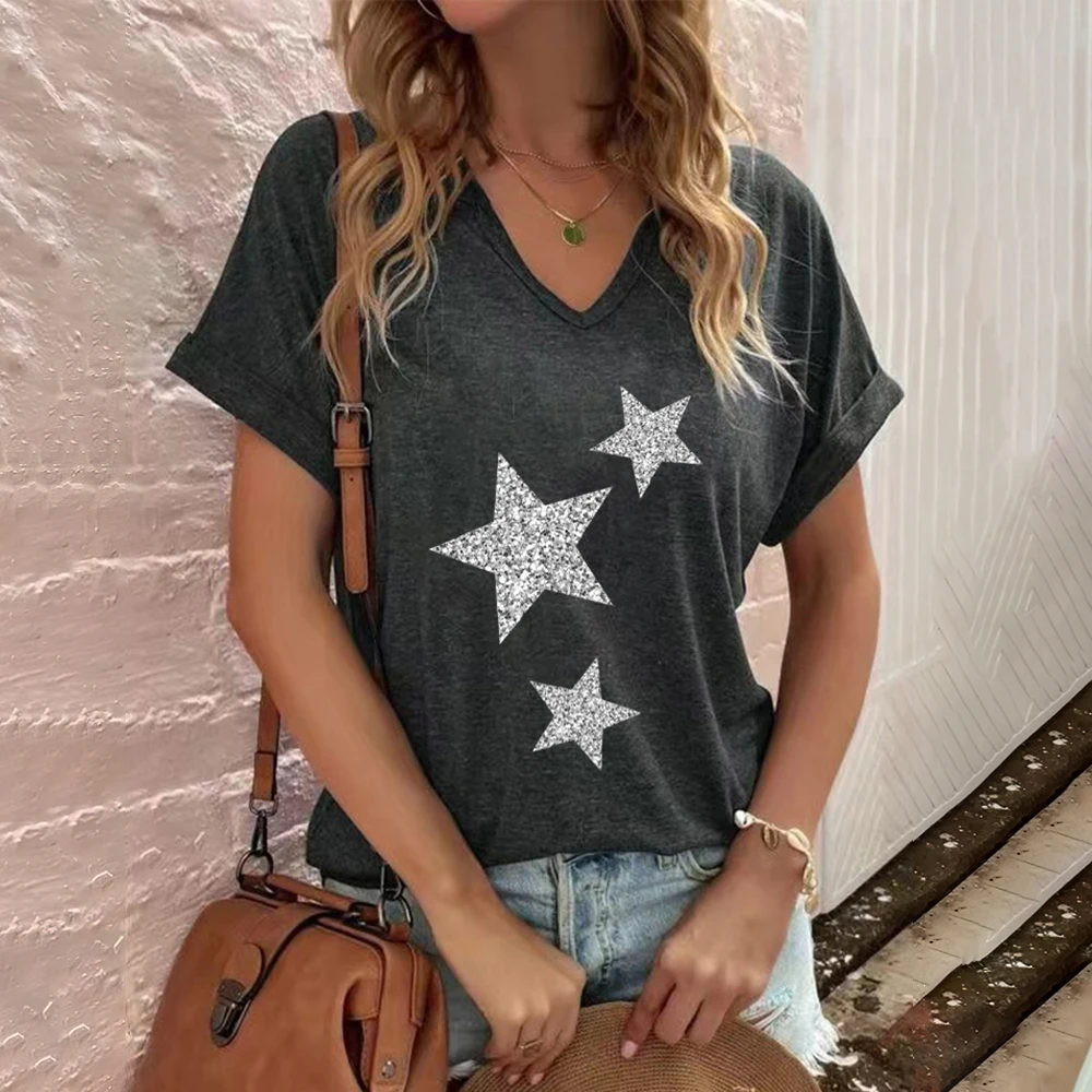 CamisetasconcuelloenVparamujercamisetadivertidaconestampado