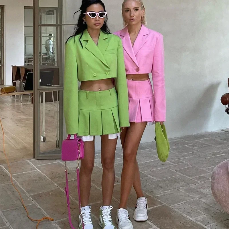2023 Fall Women Blazer Suit Two Piece Sets Turn-down Collar Blazers Tops And Pleated Skirts Femme High Street Y2K Outfits
