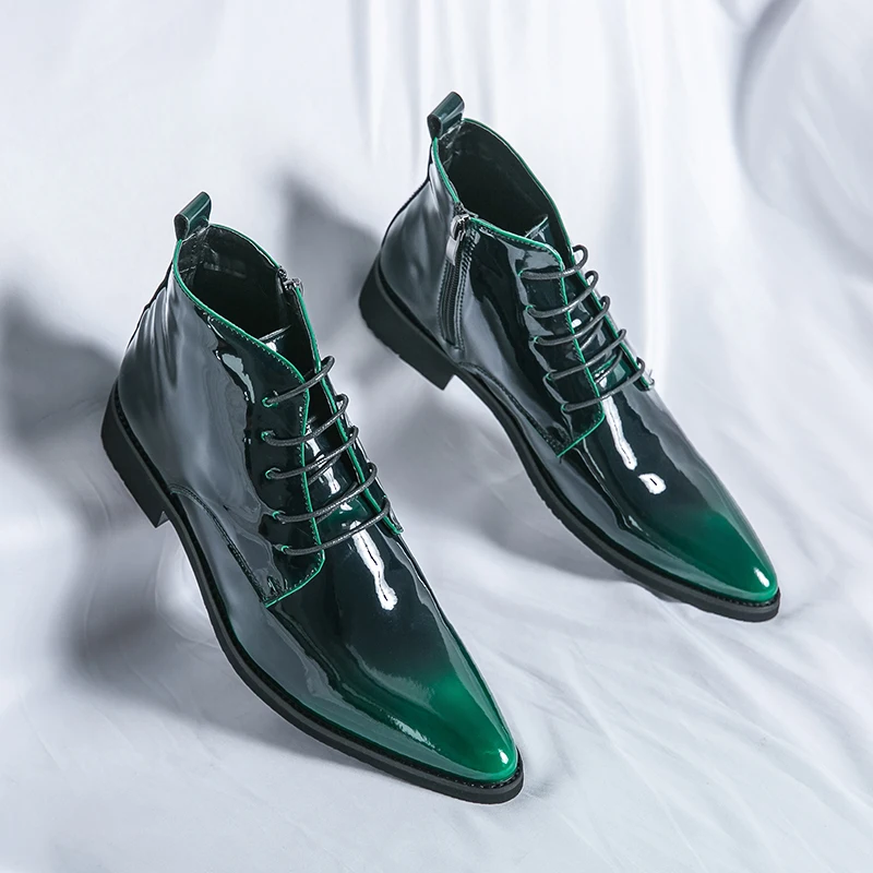 Luxury Chelsea Boots Men's Shiny Leather Shoes Pointed High Top Shoes Men's Banquet Dress Shoes High-end Purple Red Short Boots