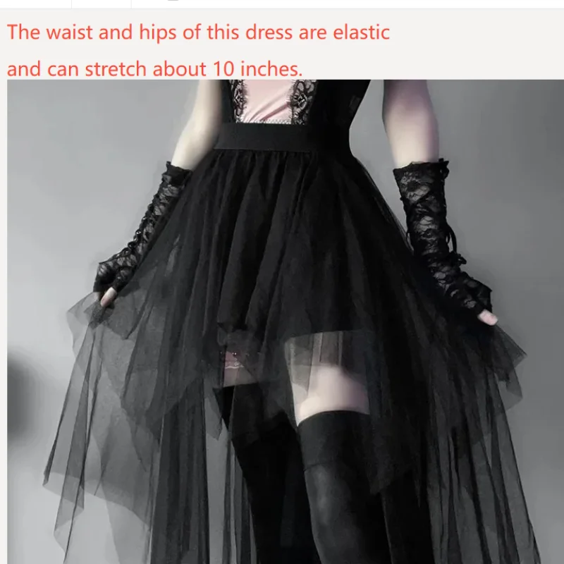 Sexy Gothic Skirts For Women Hotsweet Irregular Mesh Black Skirt Streetwear Elastic Waist Front Short Back Long Y2K Lady's Skirt