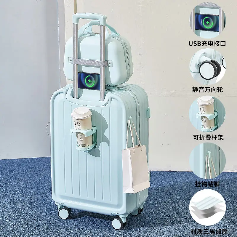 2024 New Combination Suitcase USB Charging Port with Cup Holder Large Capacity Trolley Case Travel Luggage Rugged Lockbox