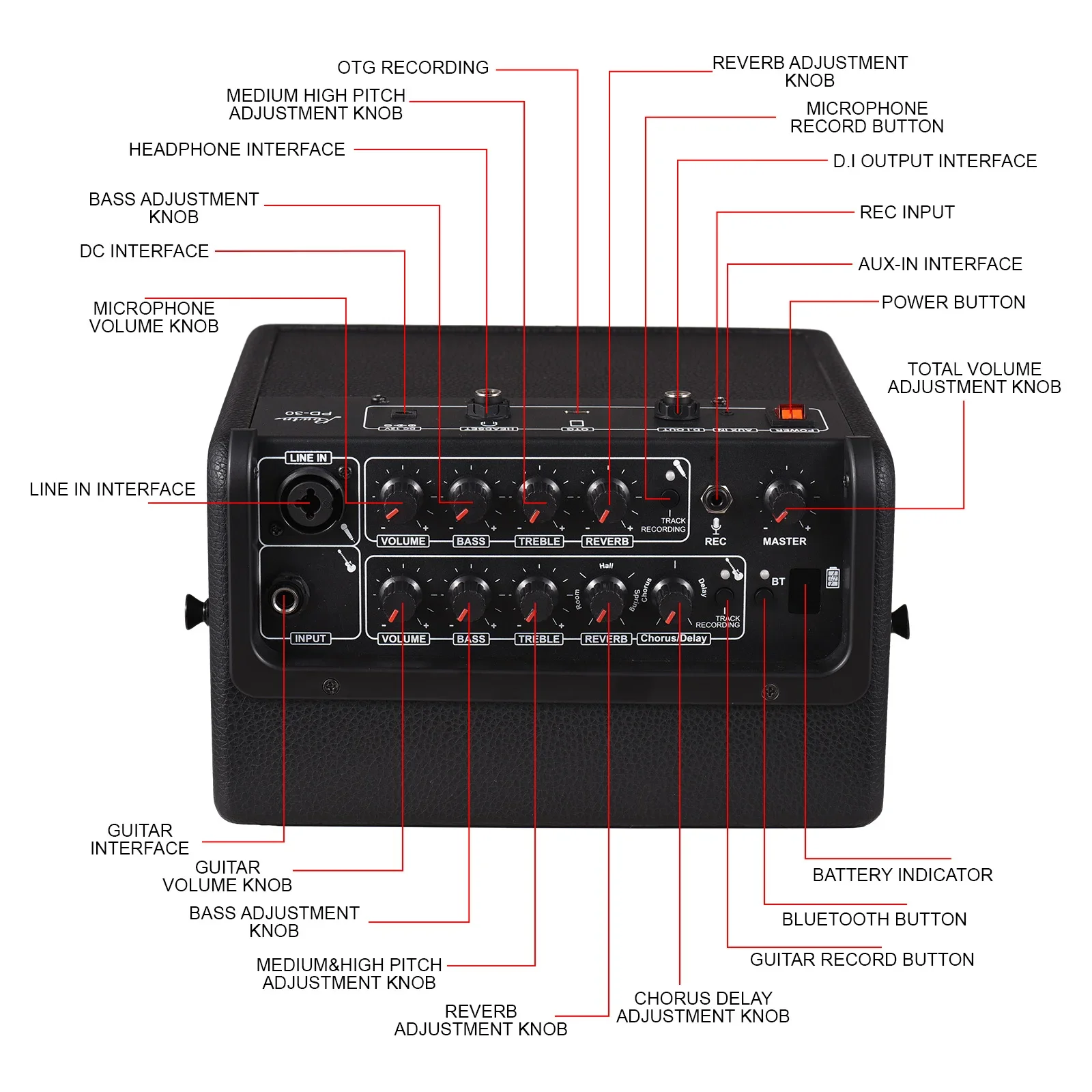 Rowin Guitar Multifunction Amplifier 30W OTG Bluetooth Battery Build-in Multi-Effects Combo AMP Reverb Chorus Delay REC Speaker