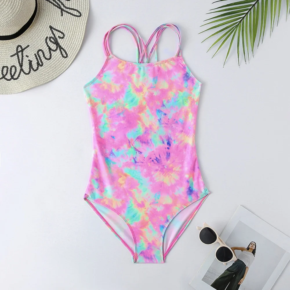 7-14 Years Tie Dye Print Children Kids Swimwear For Girls Teen One Piece Swimsuit Summer Surf Vacation Kids Girls Swimming Suit
