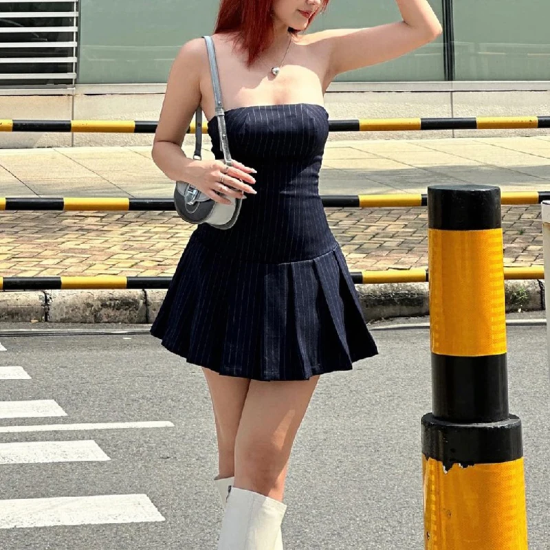 Strapless Mini Dress y2k Aesthetic Clothes Women Striped Pleated A Line Dress 2000s Cocktail Party Dresses Streetwear