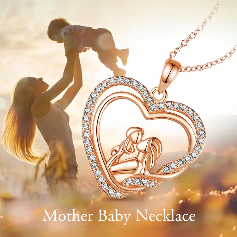 Eudora Original 925 Sterling Silver Mother Kids Necklace Heart