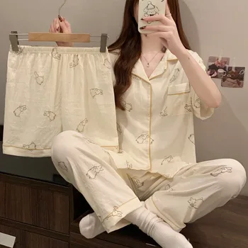 الكورية أرنب لطيف طباعة المرأة منامة مجموعة عادية التلبيب الرقبة موضة 3 قطعة منامة مجموعة Kawaii الحلو الأساسية المتسكعون للنساء 3