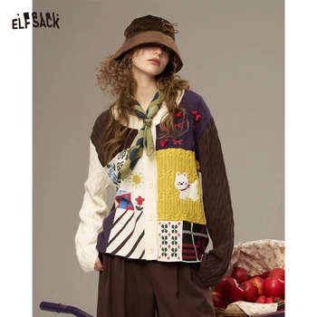 ELFSACK 2025 Autumn New Arrivals Casual Cute Color Block Puppy Cartoon Embroidery Cardigan Sweater For Woman 1