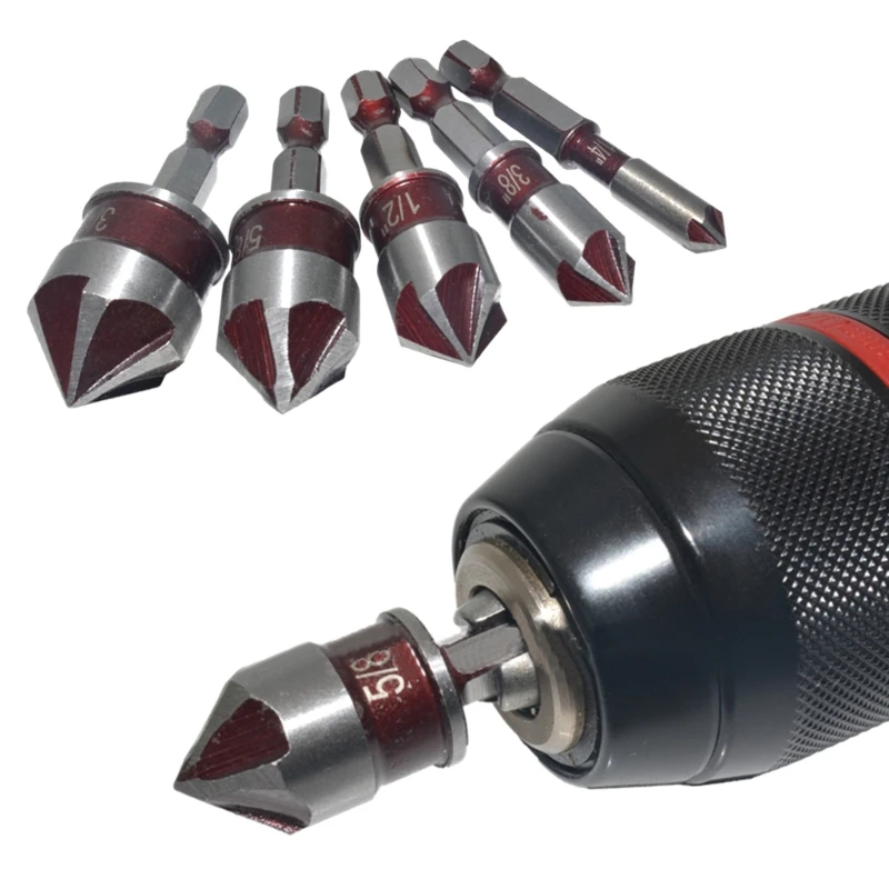Efficient 82&deg; Countersink Bit 3/4" 5/8" 1/2" 3/8" & 1/4" Champer set Effective Hole Drilling in Various Work Scenarios M4YD
