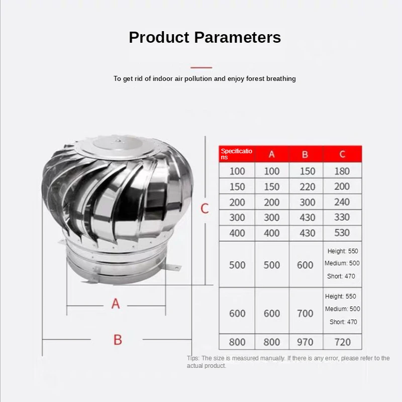 110mm-600mm Roof Ventilation Fan Pipefit 304 Stainless Steel Roof Ventilator Wind Turbine Air Vent Attic Ventilator
