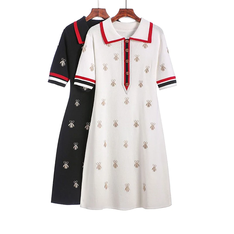 

Трикотажное платье-поло, женская футболка с вышивкой в виде пчелы, топы, весенне-летняя юбка, женская одежда, модные повседневные Элегантные Платья Миди