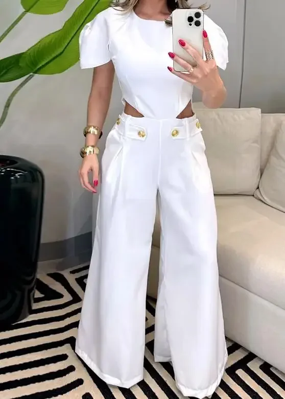 Fashion Women's Bodysuit Hollow Pocket Button Decoration Casual Pants Unique Waist Wide Leg Long Jumpsuit Women 2024