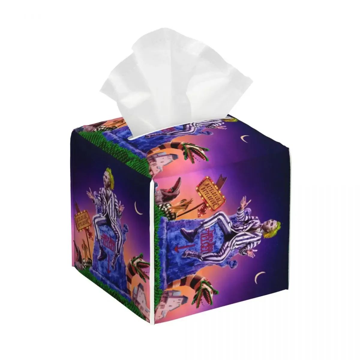 thumbnail image 1 of Custom Horror Movie Beetlejuices Tissue Box Cover PU Leather Square Tim Burton Style Facial Tissue Box Holder for Bathroom, 1 of 5