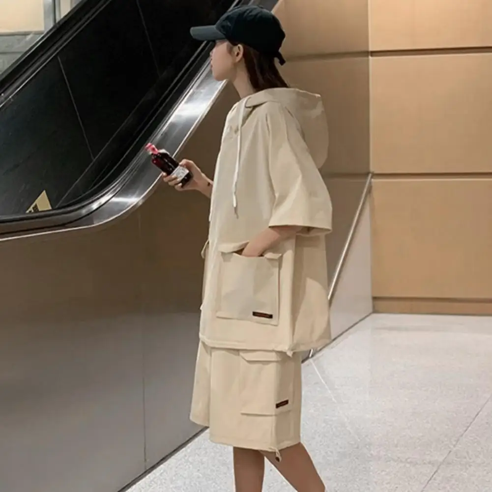 

Hooded Tops Shorts Activewear Hooded T-shirt Drawstring Shorts Set for Unisex Solid Color Loose Fit Outfit with Wide Leg Shorts