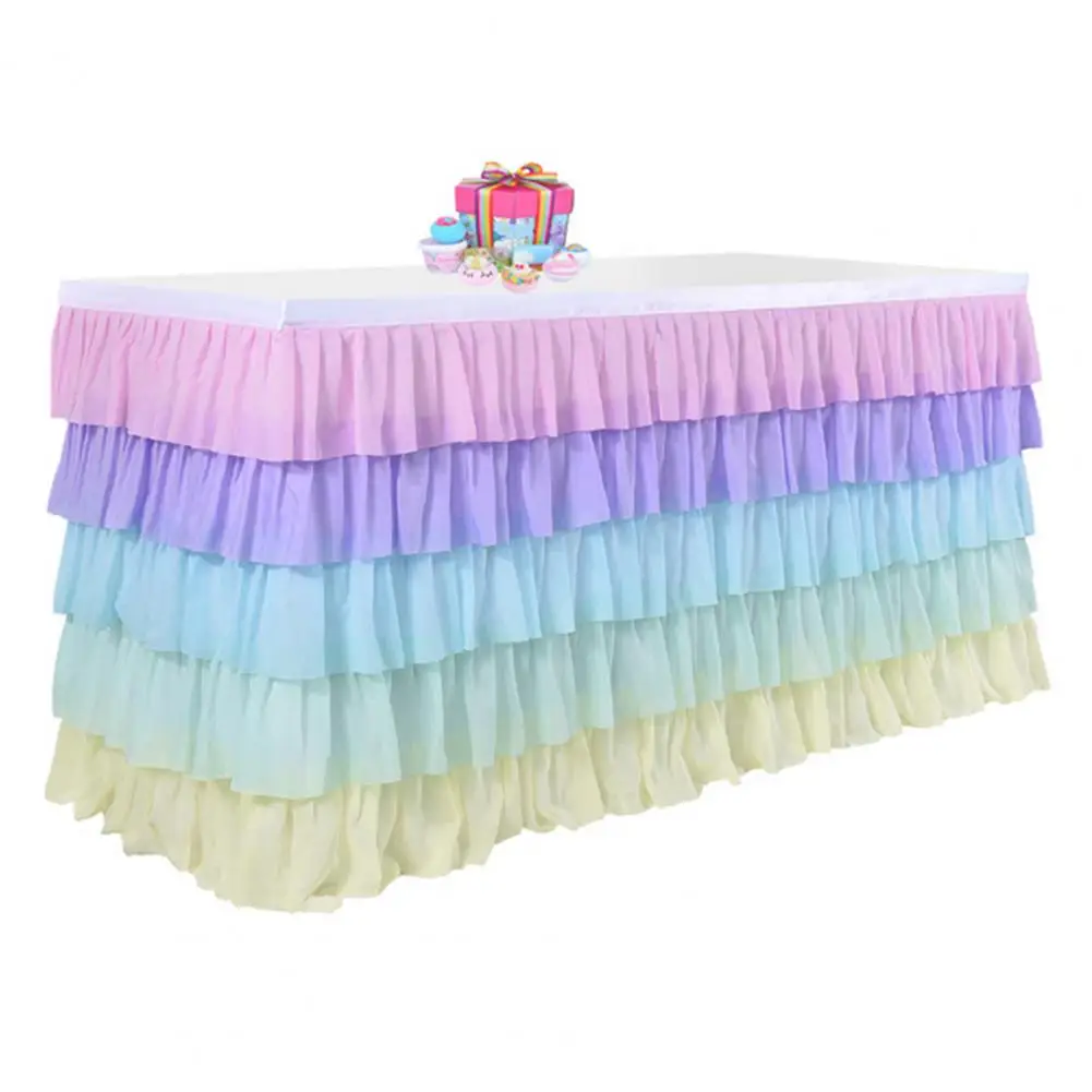 Cake Table Skirt Pleated Table Skirt Multi-layer Ruffle for Rectangle Round Tables Reusable Gradient Rainbow Color