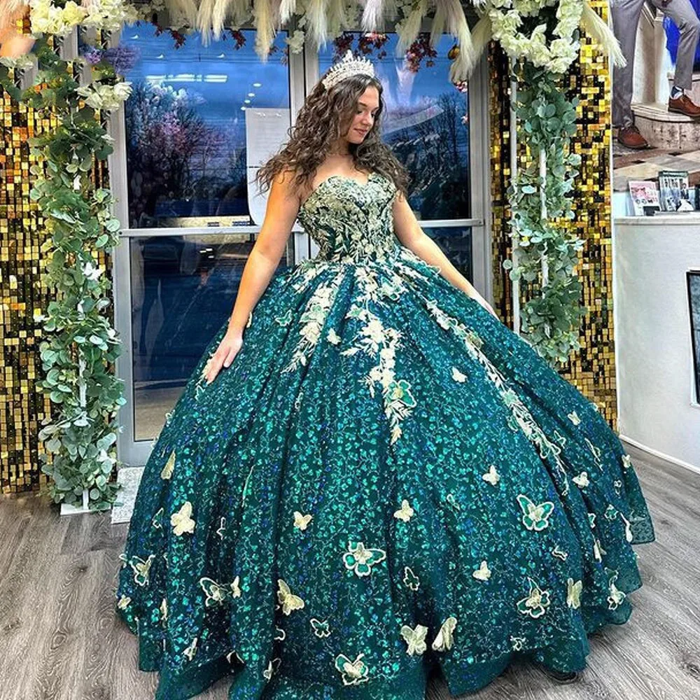 

Green Beading Quinceanera Dress Ball Gown Gold Appliques Lace-up corset Pageant Sweet 15 Party Birthday Sweet 16 Gown