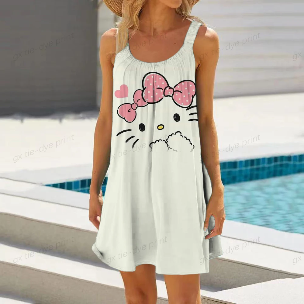 

New Fashion Women Sexy Dresses Sleeveless Loose Hello Kitty Print Suspender Mini Dress Women Summer Casual Beach Vacation Dress