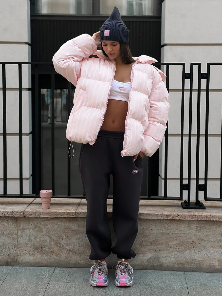 Bornladies Women's Winter New Striped Hooded Cotton Jacket Loose Fashion Personality Warm Cotton Coat Jacket Female Parkas