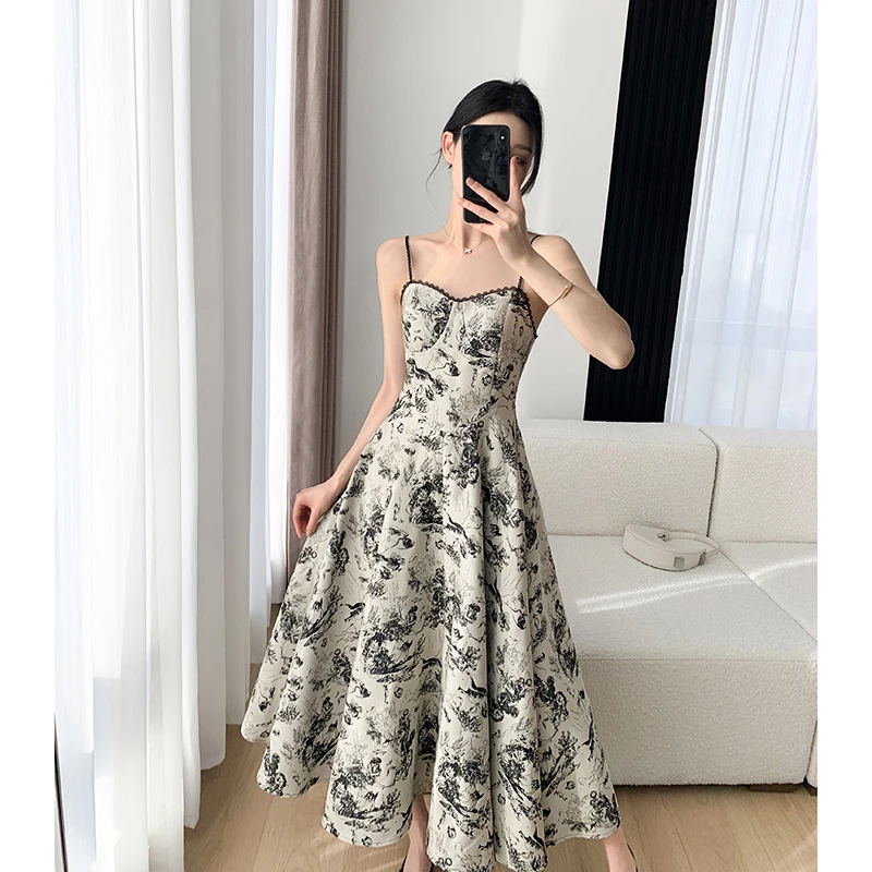 

Fashion Elegant New Summer Women Spaghetti Strap Floral Casual Midi Dress Sleeveless Slim Beach Boho Female Vestidos Robe Mujers